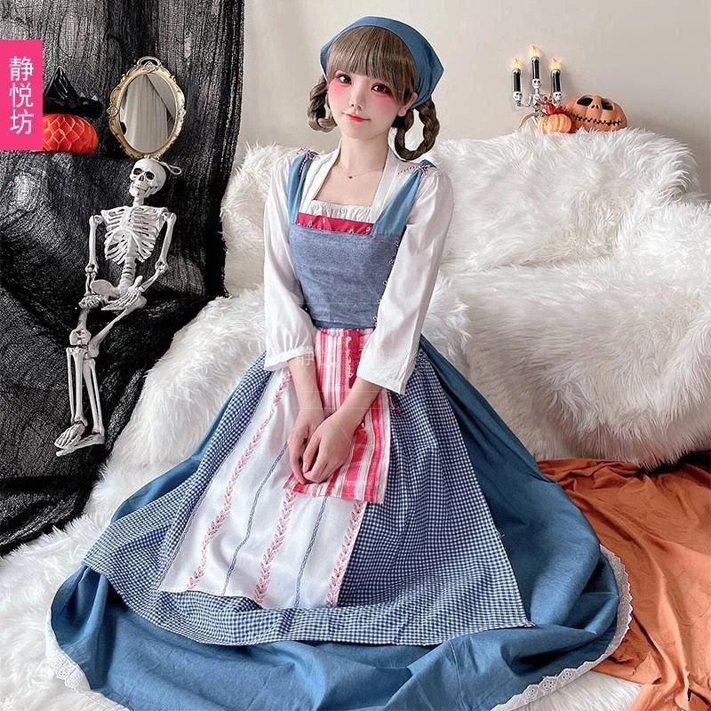 Kostium pokojówki na Halloween, przebranie Alicji z Krainy Czarów, strój sceniczny, długi strój dworski, strój na festiwal piwa, występ, strój wiejski, tradycyjny strój damski C...