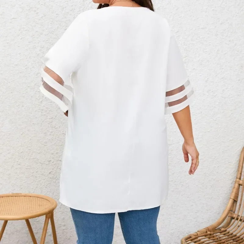 New Women Plus Size 1XL-8XL Loose V Neck Ladies Mesh Stitching 3/4 Sleeve Casual Holiday Blouse Female Blusas Tunic Shirts Tops