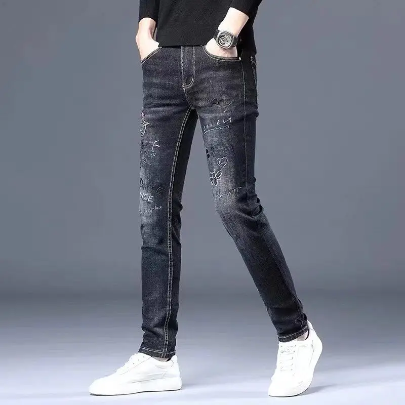 Luxury Men\'s Skinny Jeans with Embroidery Hip Hop Style Korean Fashion Harajuku black Trendy Streetwear Pants Casual Trousers