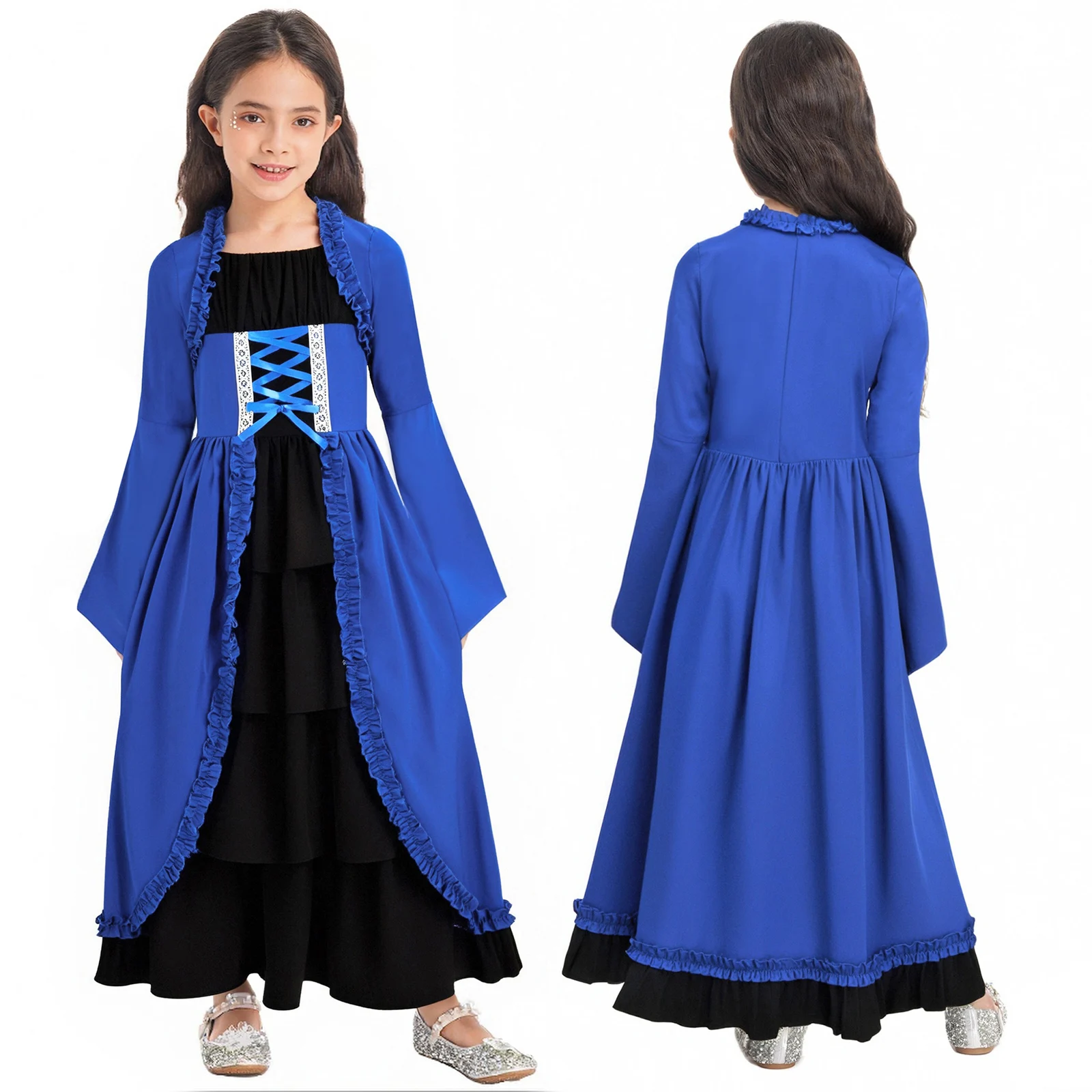 

Girls Medieval Renaissance Dress Princess Queen Cosplay Costume Long Bell Sleeve Long Dress for Halloween Cosplay Themed Party