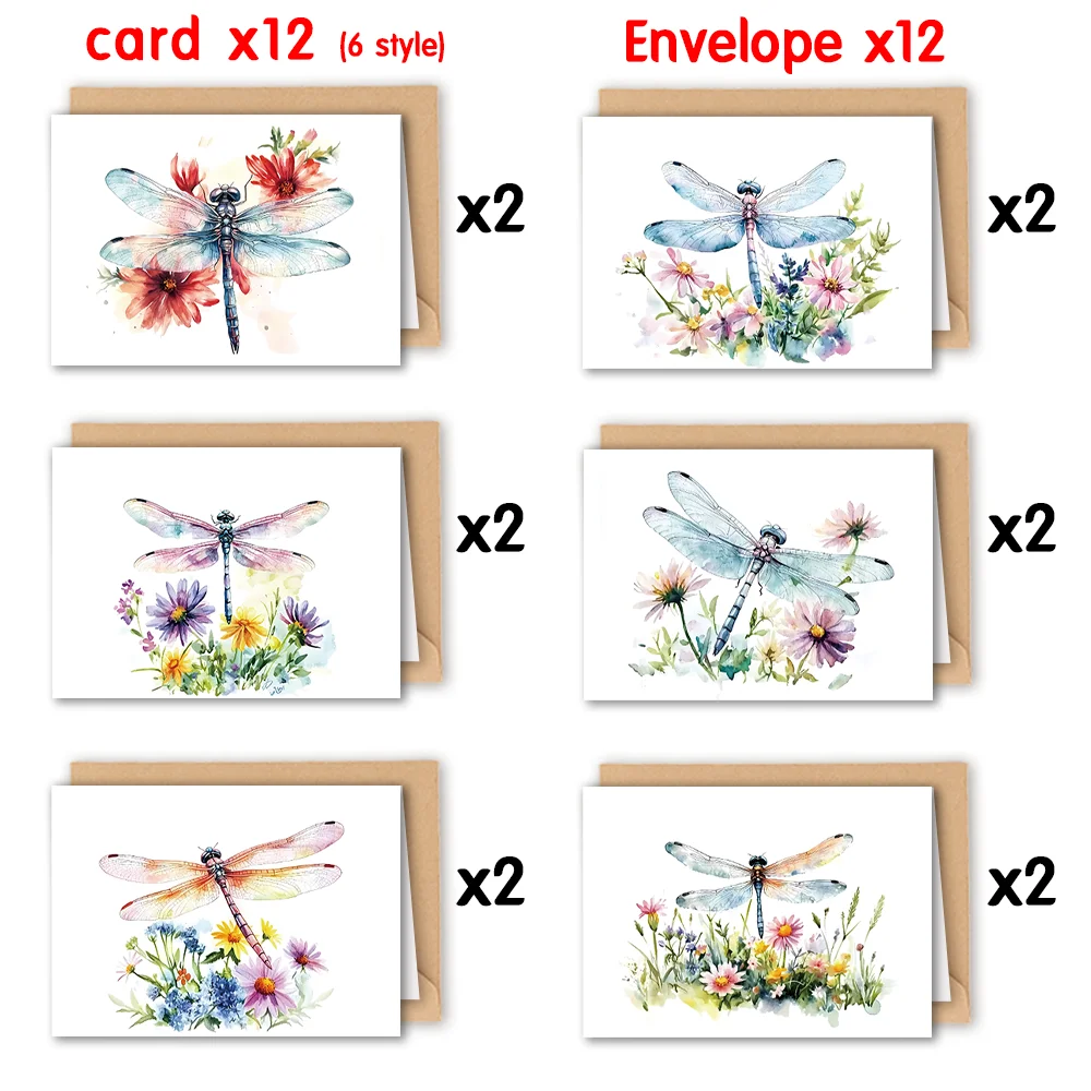 24-teiliges Grußkarten-Set mit Aquarell-Illustrationen, Umschlägen, Libellen- und Blumenmotiv, DIY-Einladungskarten, multifunktionaler Spaß – Detail 5