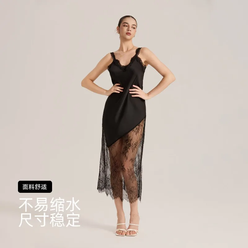 جديد الصيف النمط الأوروبي الأمريكي بيجامة من الشيفون الساتان مع الربط قطري شبه شفافة الدانتيل فستان مثير زلة