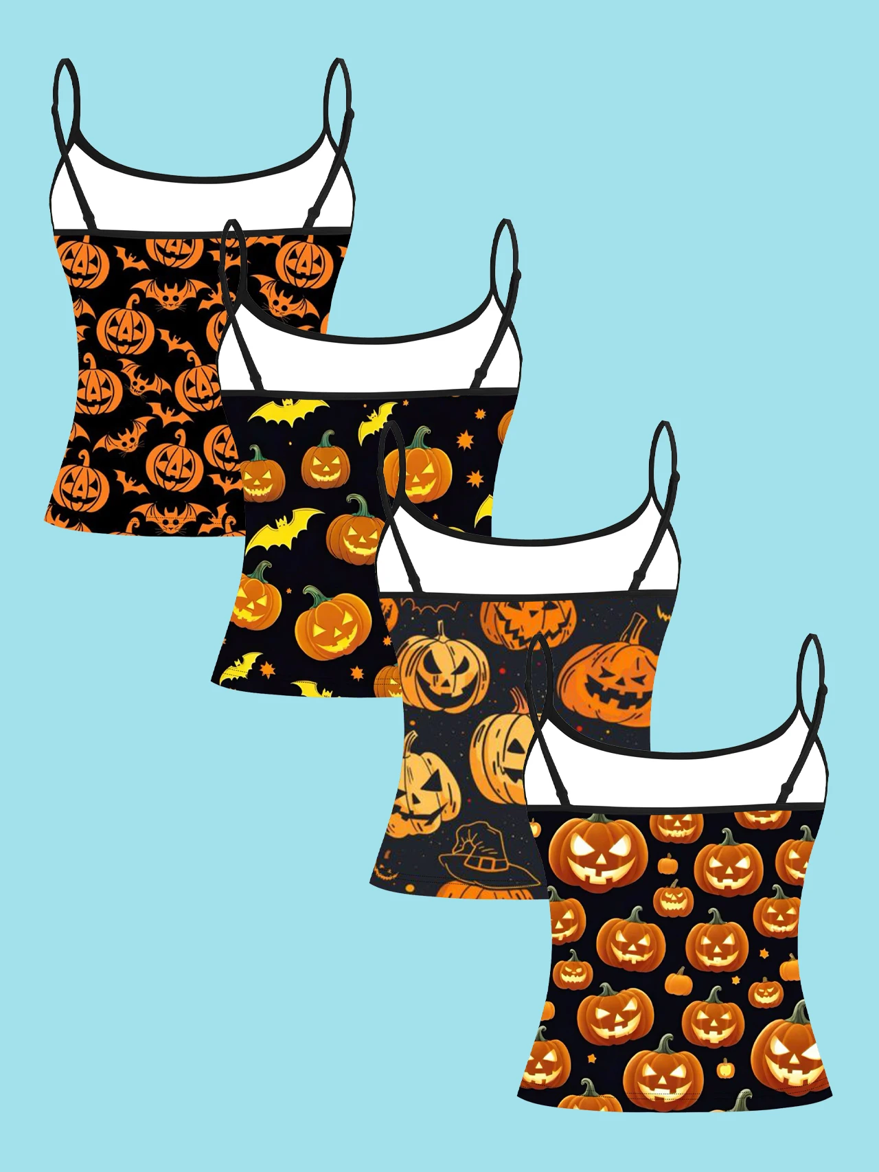 4-Pack Halloween Pumpkin and Bat Print Women's Camisole Slim-Fit Spaghetti Strap Short Tank Top