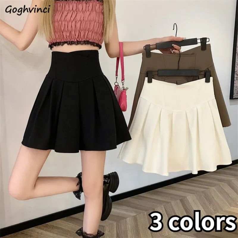 

Mini Skirts Women Solid Preppy Style Sweet High Waist Gentle Ruffles Designed Aesthetic Vintage All-match Leisure Daily Faldas