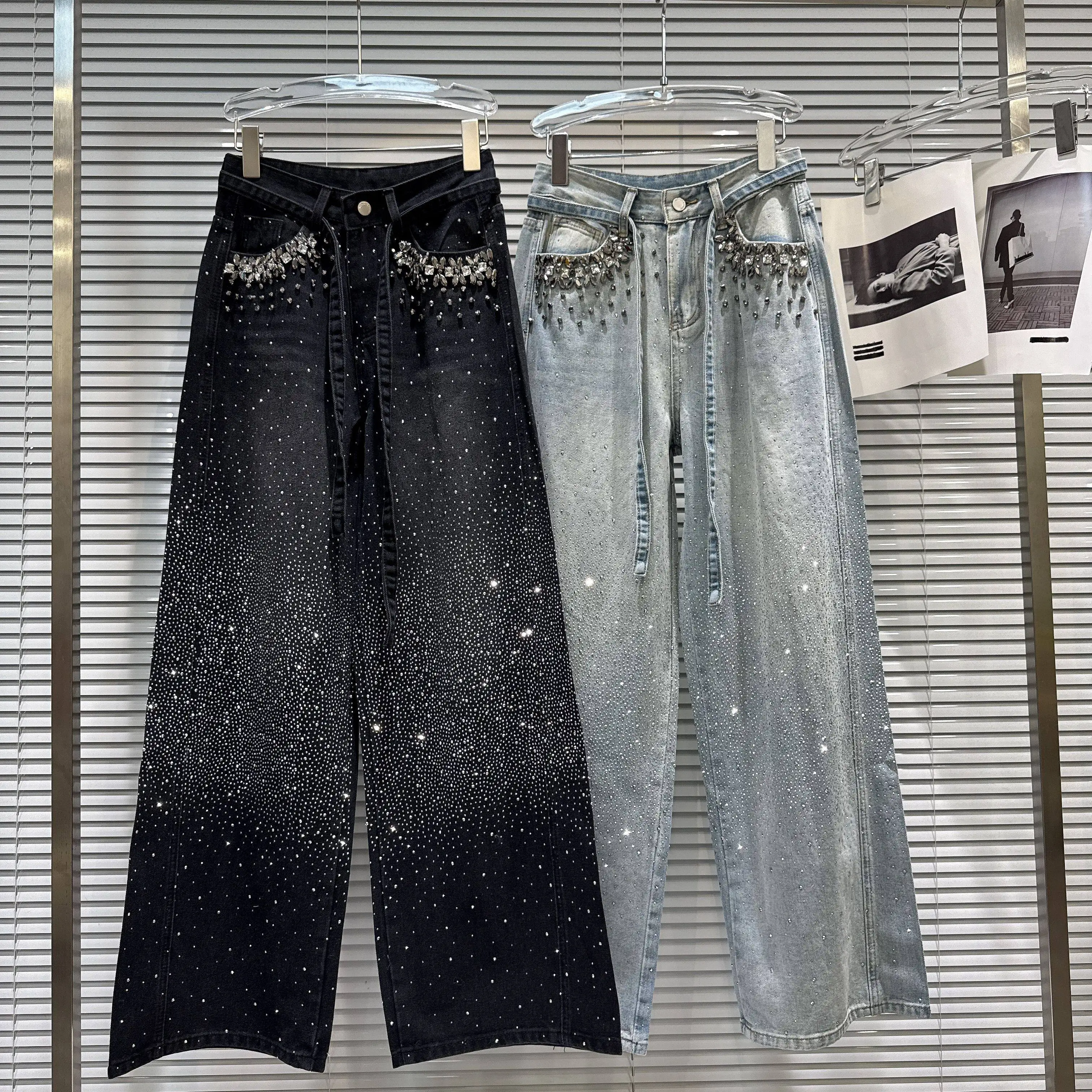 

Весна 2026, новые тяжелые винтажные широкие джинсы в европейском и американском стиле со стразами и карманами, горячее тиснение, потертые винтажные широкие джинсы для женщин