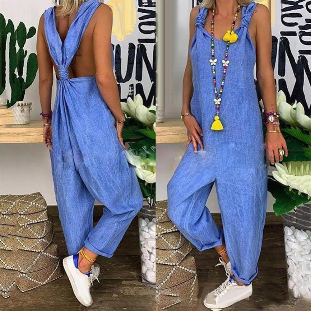 2023ผู้หญิงสีทึบBibโดยรวมBackless Knotted Jumpsuit Dungareesขนาดใหญ่Rompers Vintage Overalls Playsuits