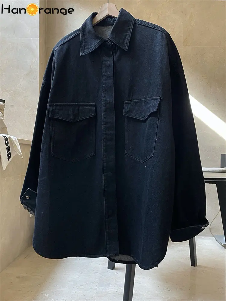 HanOrange 2024 Spring Lapel Denim Shirt Women Windbreaker Loose Silhouette Casual Black Denim Coat Female