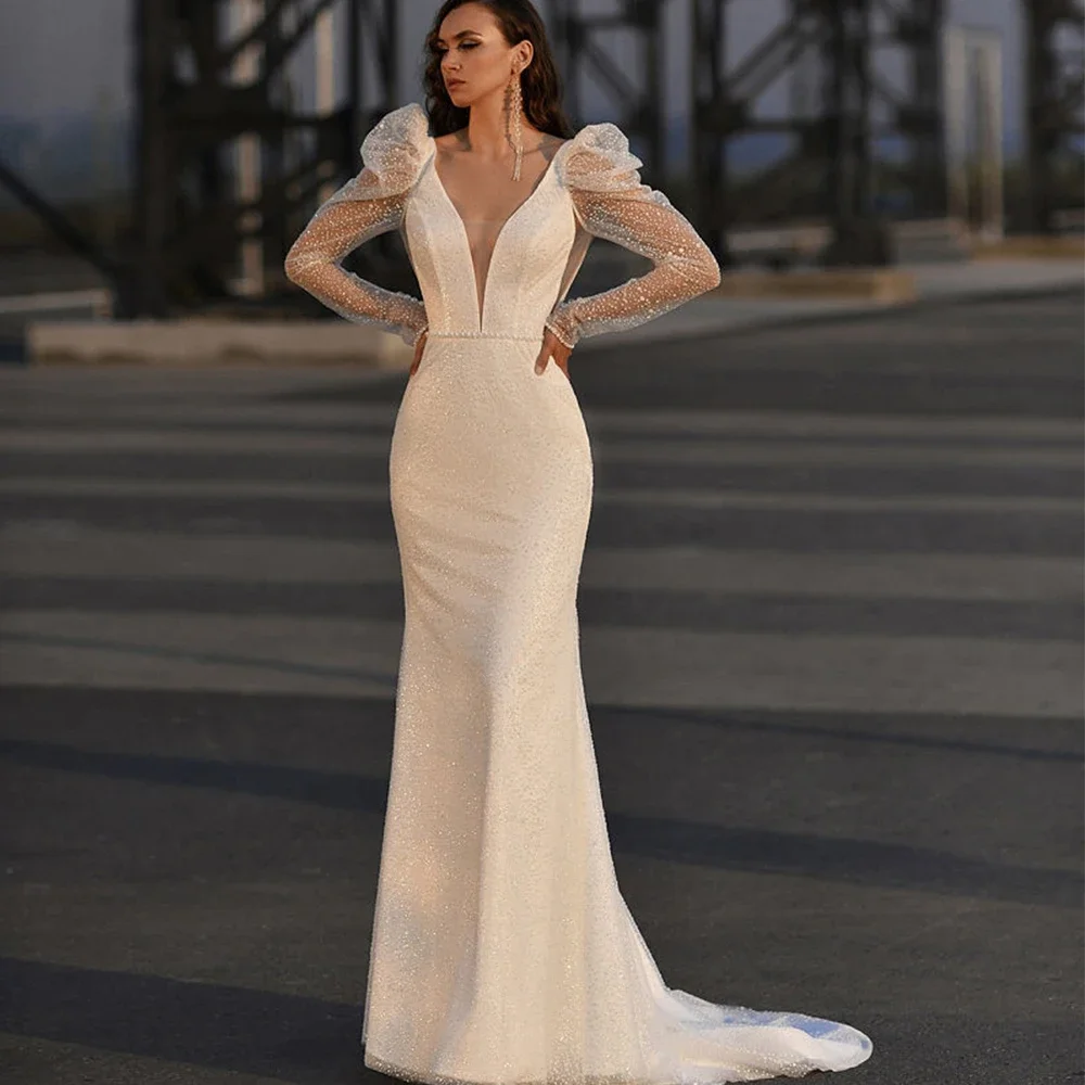 

Lantern Sleeve Bridal Wedding Dress Trailing V Neck Sexy Backless Celebrity Banquet Dresses Prom Gown Vestidos De Festa