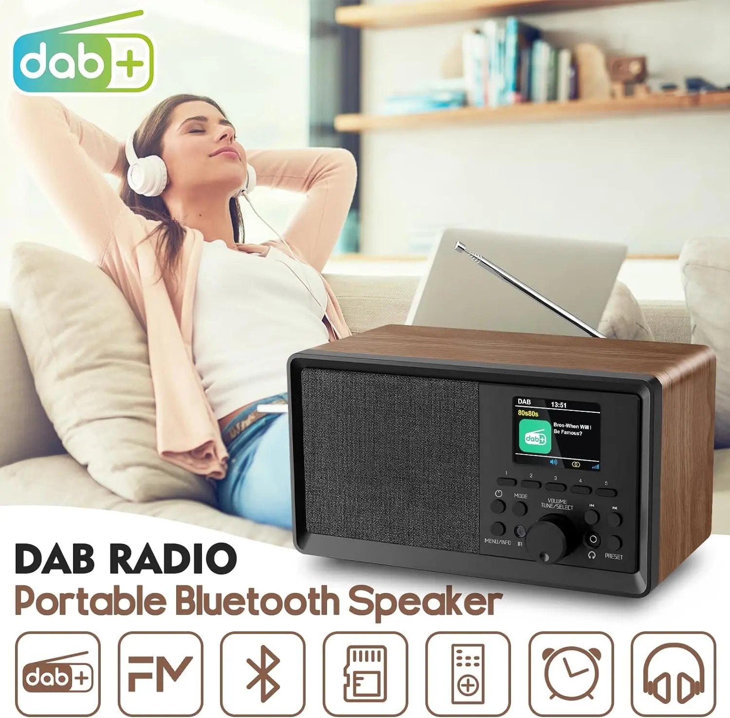 

Цифровое радио DAB/DAB+/FM с динамиком Bluetooth 5.0, ретро-радио с пультом дистанционного управления, разъемом USB/AUX/для наушников для дома, офиса, в подарок