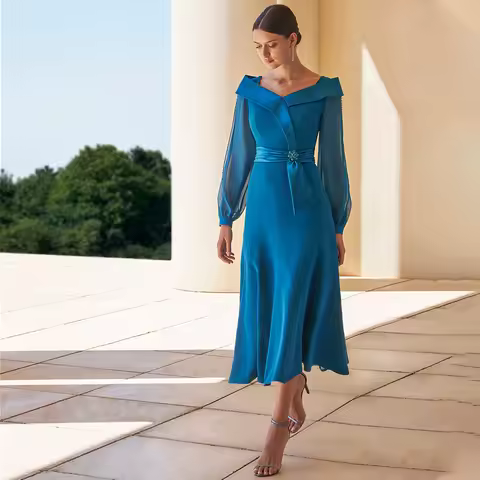 Royal Blue Mother of the Bride Dress for Weddings V Neck Long Sleeves Wedding Guest Gowns Off the Shoulder Mermaid Evening Dress