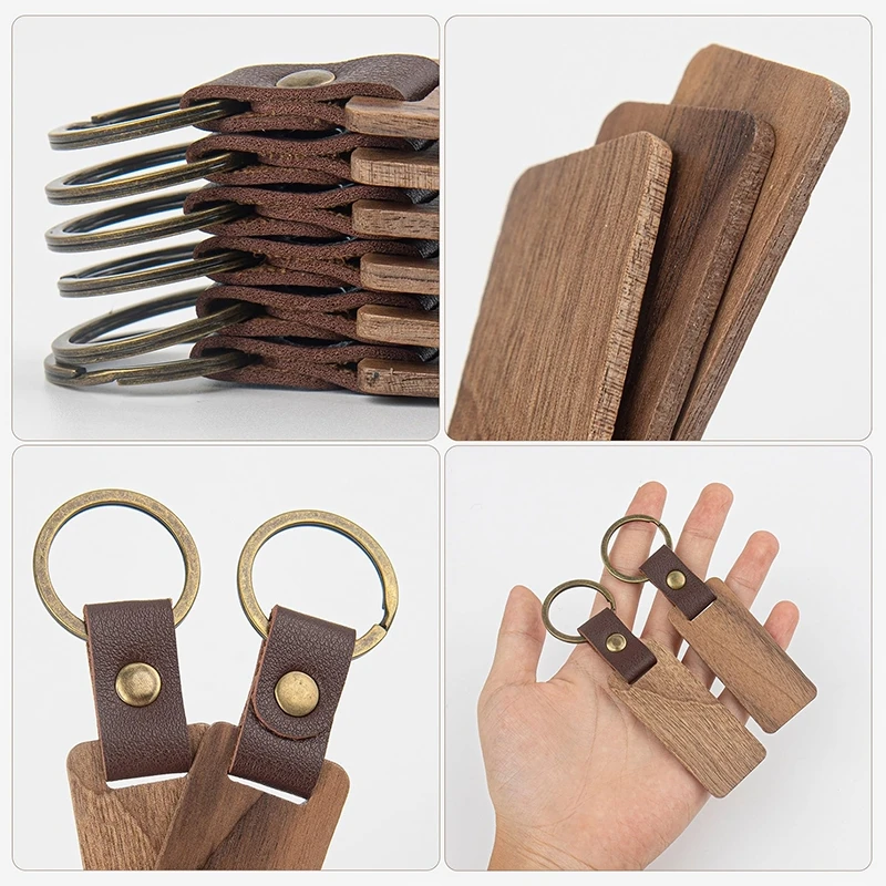 100Pcs Wood Keychain Blanks Leather Wood Keychain Blank Unfinished Blanks with Leather Strap Keychain