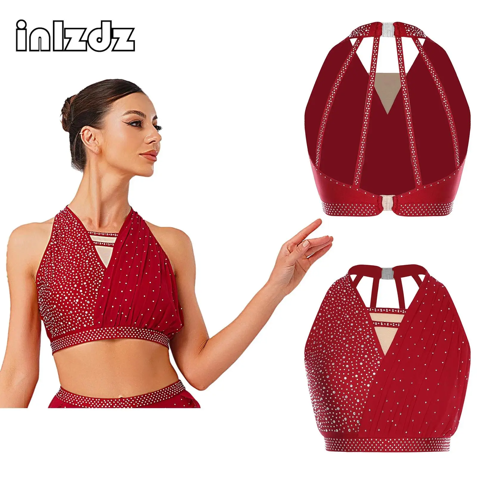 

Sparkly Rhinestone Ballet Latin Tango Dance Crop Tops Sleeveless Ruched Chiffon Crop Blouses Performance Dancewear for Womens