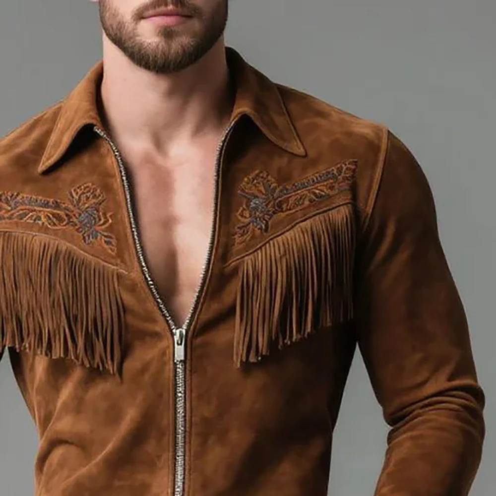 

Men's Western Suede Tassel Casual Outerwear Solid Zipper Long Sleeve Autumn Lapel Male Jacket Fashion Streetwear Vintage Jackets