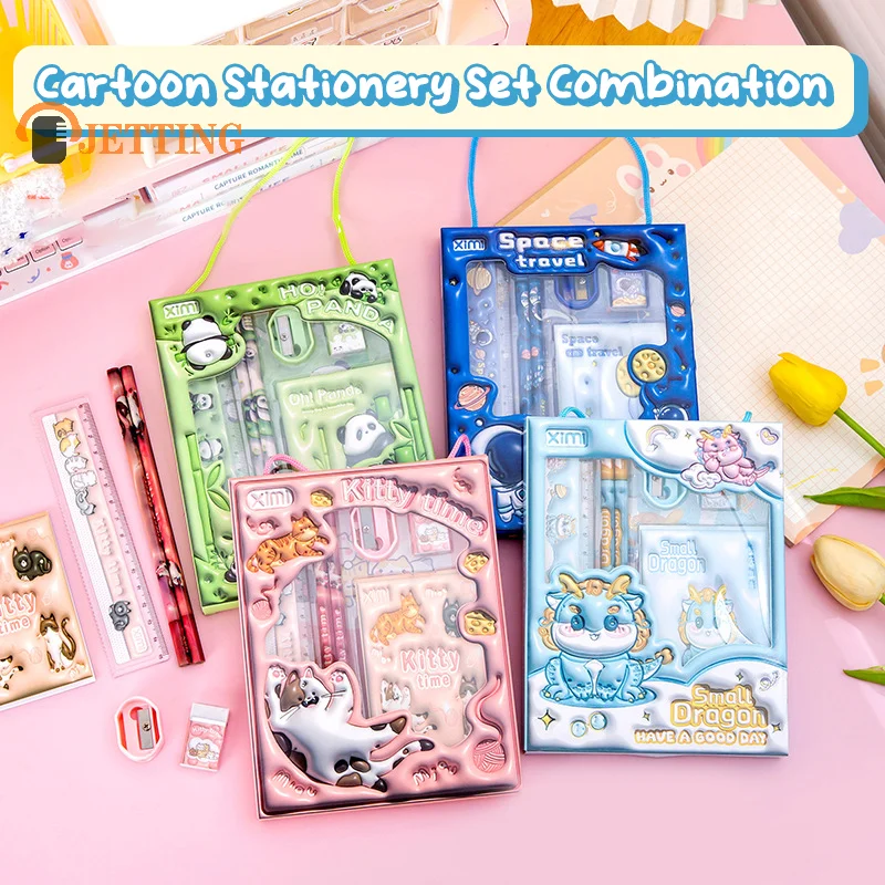 Cartoon Handheld Stationary Set Panda Pencil Dragon Eraser Astronaut Ruler Pencil Sharpener Cat Notebook W/Packaging Package