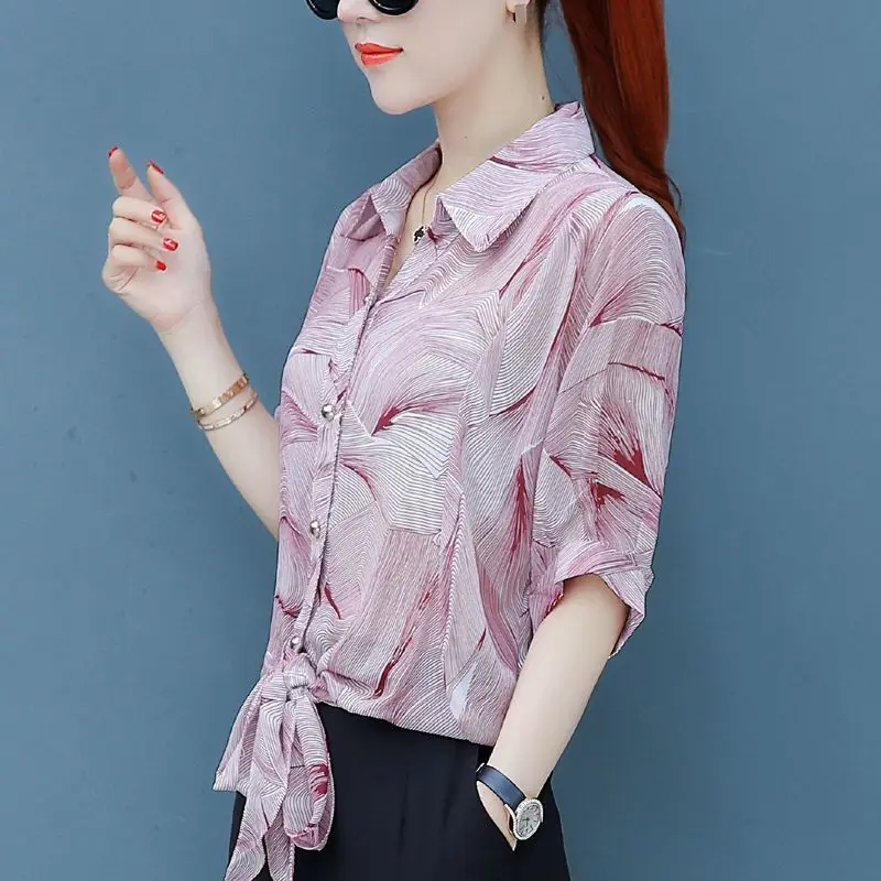 Summer New Polo-Neck Button Printed Casual Lace Up Short Sleeves Elegant Loose Commuter Versatile Chiffon Shirt Women\'s Top