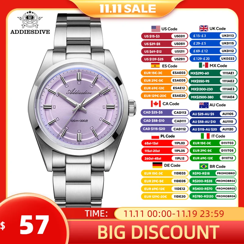 

ADDIESDIVE Watch For Men 36mm Quartz Dome Glass BGW9 Luminous Diving 100m Waterproof Stainless Steel VH31 Wristwatch New AD2515