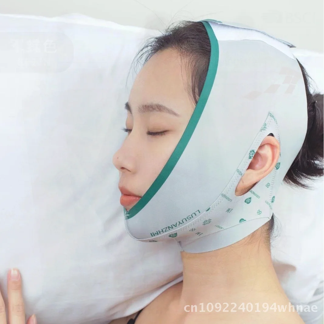 Cintura di sollevamento modellante per il viso piccolo Piega nasolabiale Maschera per benda per il sonno Stampa verde/rossa Strumento per scolpire il viso per salone di bellezza
