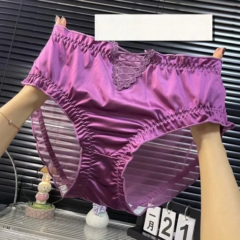 

Big Size Shorts Comfort Sexy High-end Custom Real Silk Cotton Crotch Panties Flower Edge Ladies Briefs Mid-high Waist Underwear