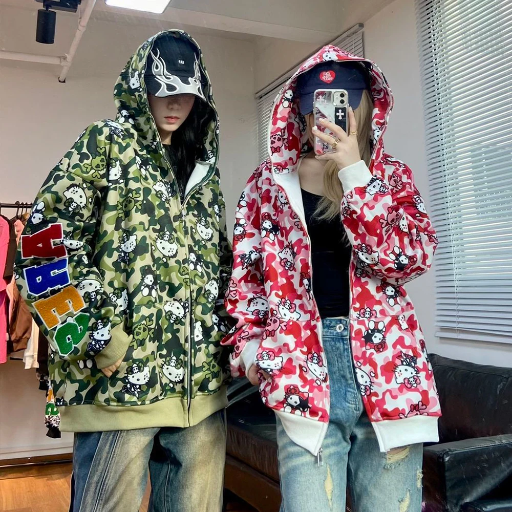 Sanrioed Y2K Hello Kitty Hooded Hoodie Anime Kawaii Spring Winter Cotton Camouflage Coat Hip Hop Men Women Couple Outfit Loose