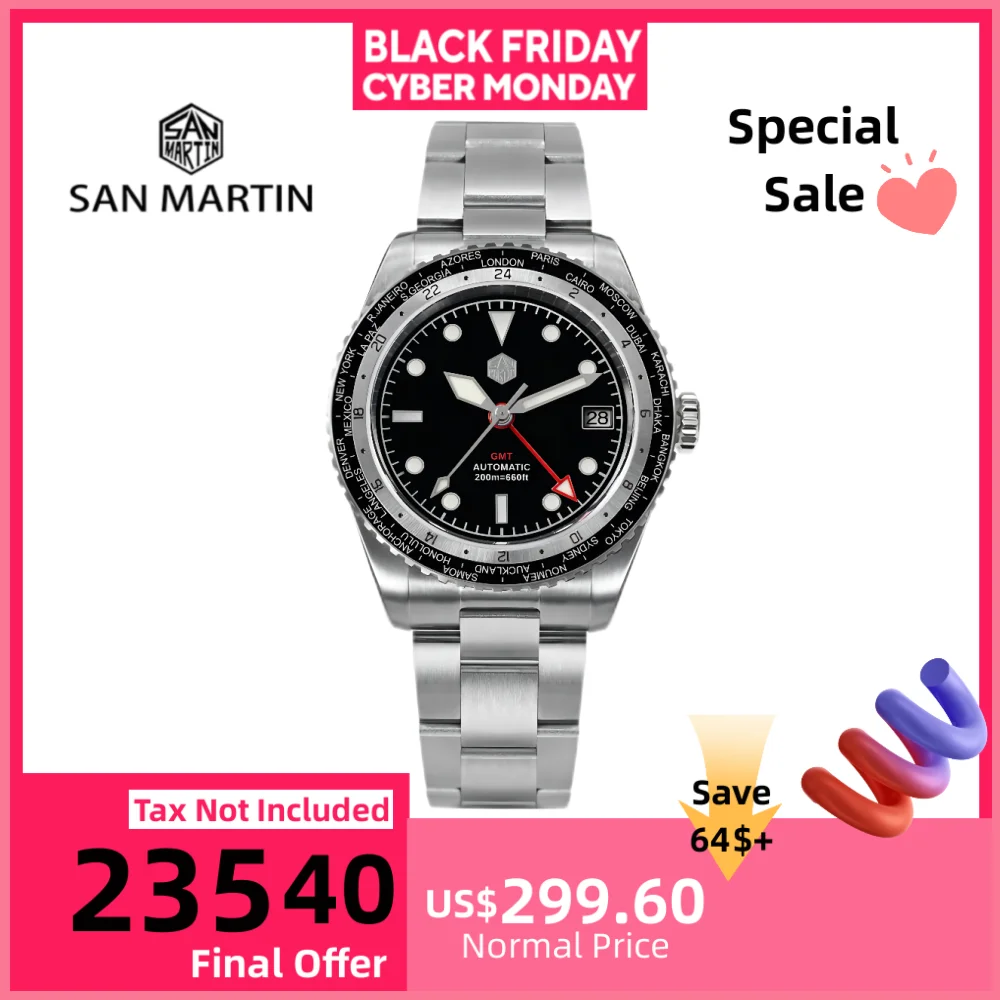 

San Martin 38 мм NH34 сапфировое стекло GMT мужские механические автоматические часы светящиеся мужские наручные часы дата 20 бар водонепроницаемые SN0112G