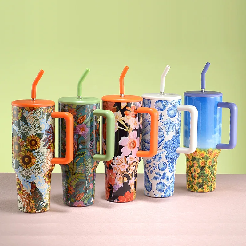 Tumbler With Handle 1200ML 40oz Personalized Custom Engraved Water Cup Straw Travel Drinkware Flower Bandhnu Leopard Ins Hot