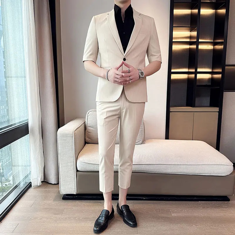 

Мужской летний костюм-двойка премиум-класса: тонкий однотонный пиджак с рукавом 3/4 и брюки для делового повседневного стиля