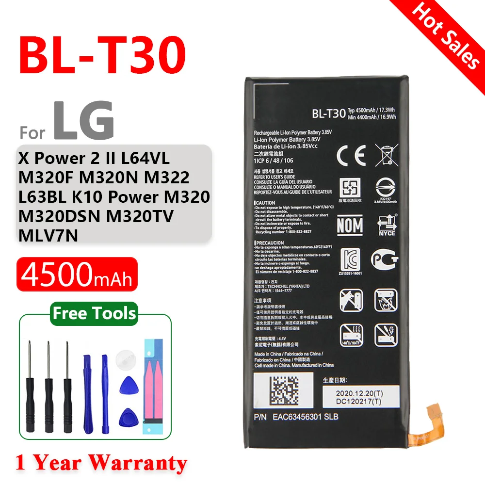 

Оригинальный аккумулятор BL-T30 Для LG X Power2 M320F M320TV M322 Fiesta 2 L63BL X Power 2 BLT30 4500 мАч, мобильные батареи + Бесплатные инструменты