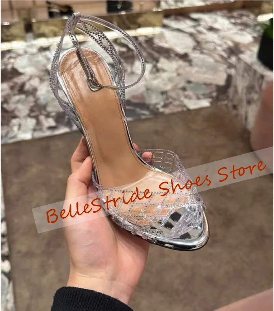 

Silver Crystal Hollow Out PVC Sandals Buckle Strap Women Shoes Thin High Heels Party Banquet Dating 2025 Zapatos Para Mujere