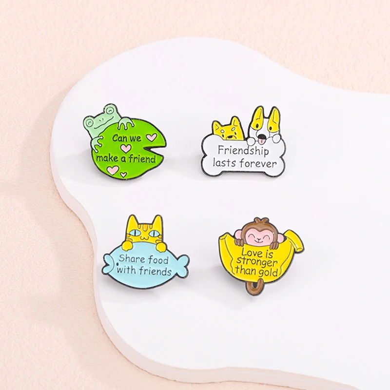 Friendship Make a friend Slogan Quote Enamel Pin Frog Monkey Cat Dog Corgi Fox Animal for Friend Brooches Badge Lapel Jewelry