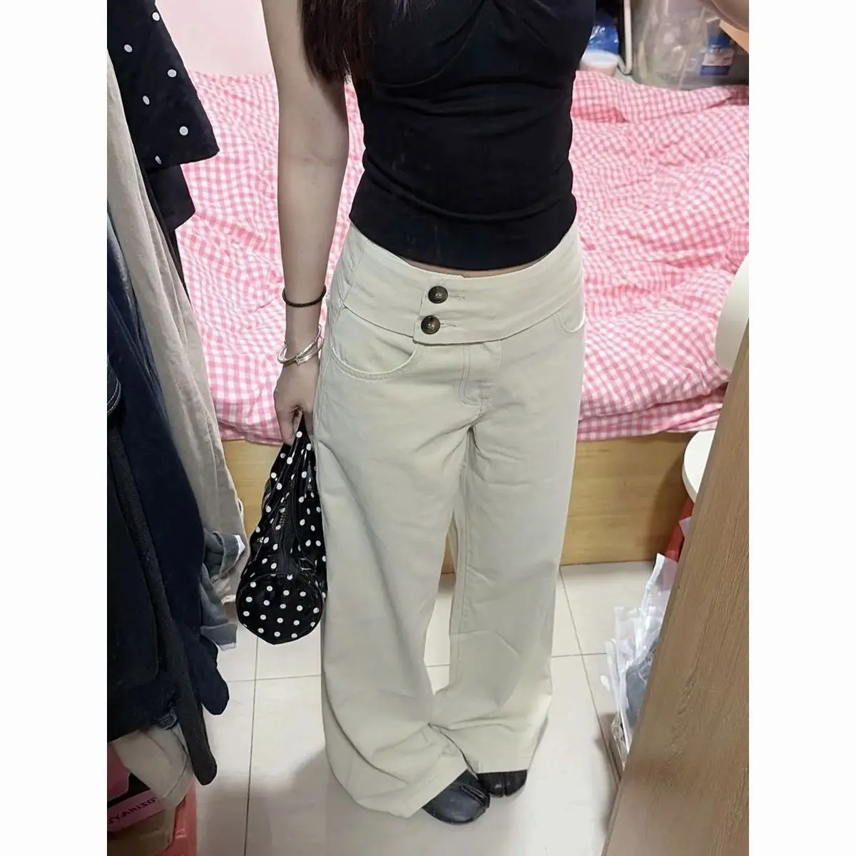 Retro Beige High-waisted Wide-leg Jeans Women's Casual Drape Loose and Thin Straight Trousers