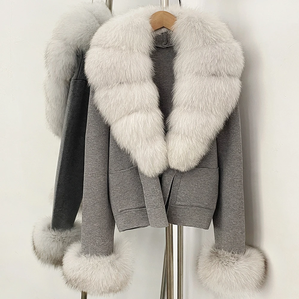 OFTBUY New Winter Fashion Women's Knit Cardigan with Large Real Fox Fur Collar Loose Fit Warm Lady Outerwear Sweater Female