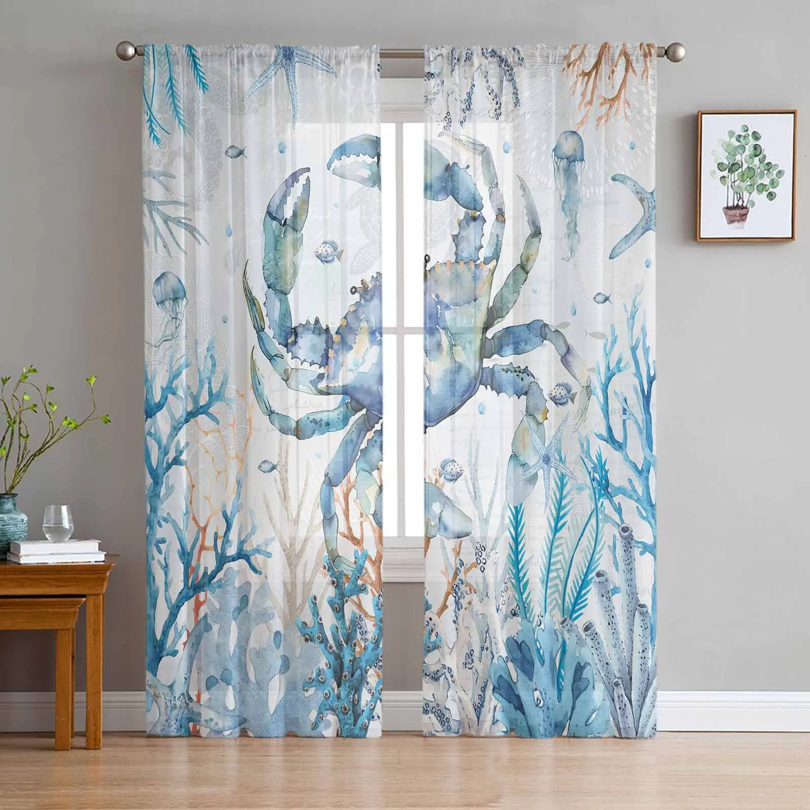 Marine Organisms Coral Blue Crabs Starfish Jellyfish Voile Sheer Curtains Living Room Window Tulle Bedroom Drapes Home Decor