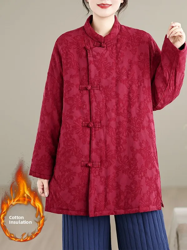 

Warm Cotton Jaet with Stand Collar And Side Slits Thiened Cotton Linen Material Traditional Chinese Sle Winter New Arrival