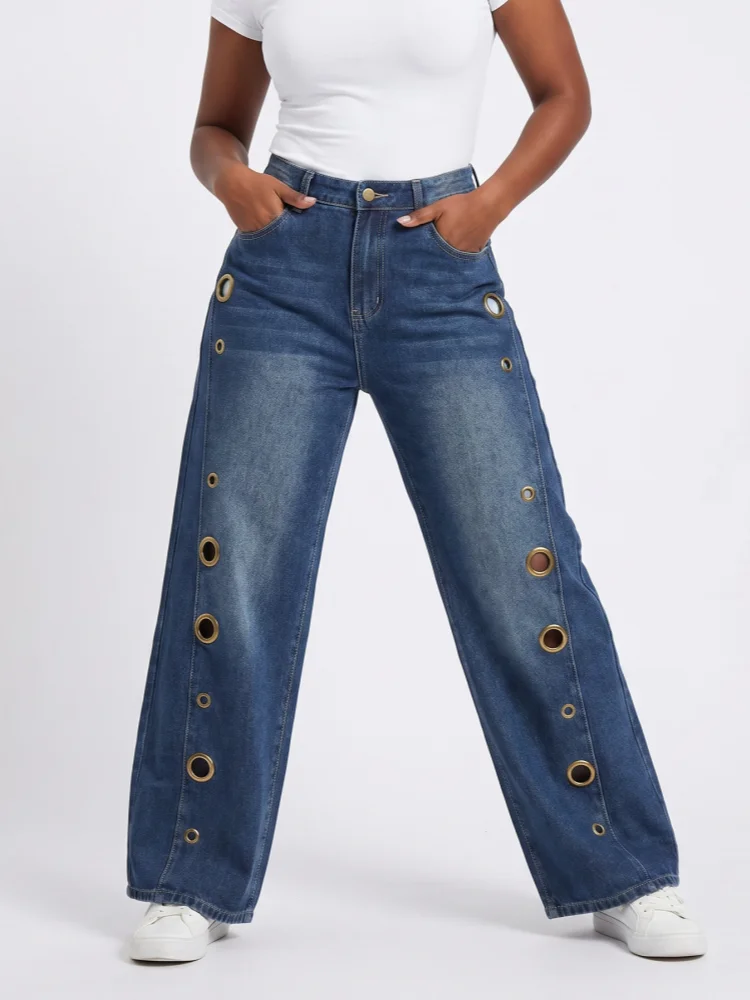 

2026 American Retro Y2K Style Rivet Hole Washed Blue Baggy Women's Jeans Pants For Woman Clothing Wide Leg Summer Denim Trousers