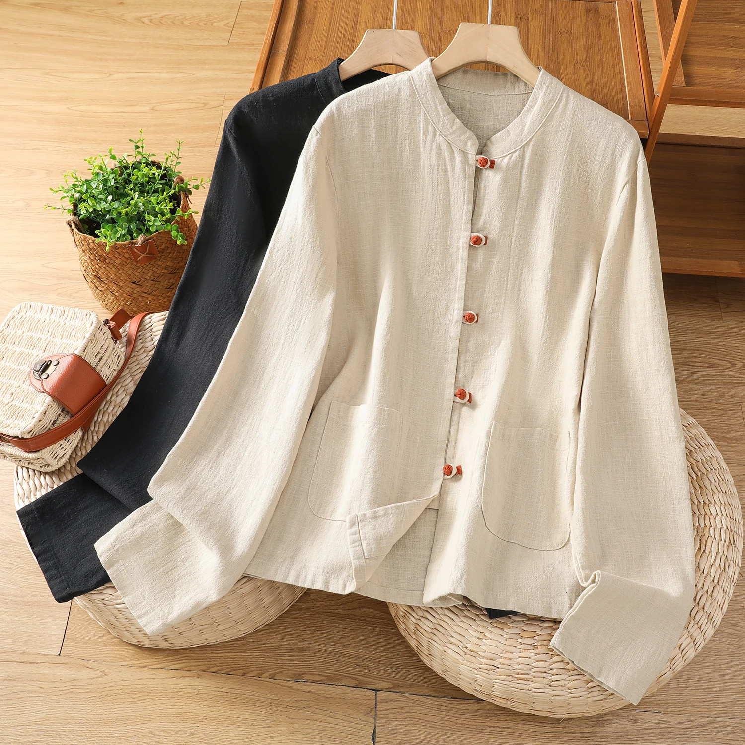 Nuevo chino Sle mujer largo Sve algodón lino irt primavera otoño nuevo modelo cárdigan abierto abrigo nacional Sle Stand Coll...