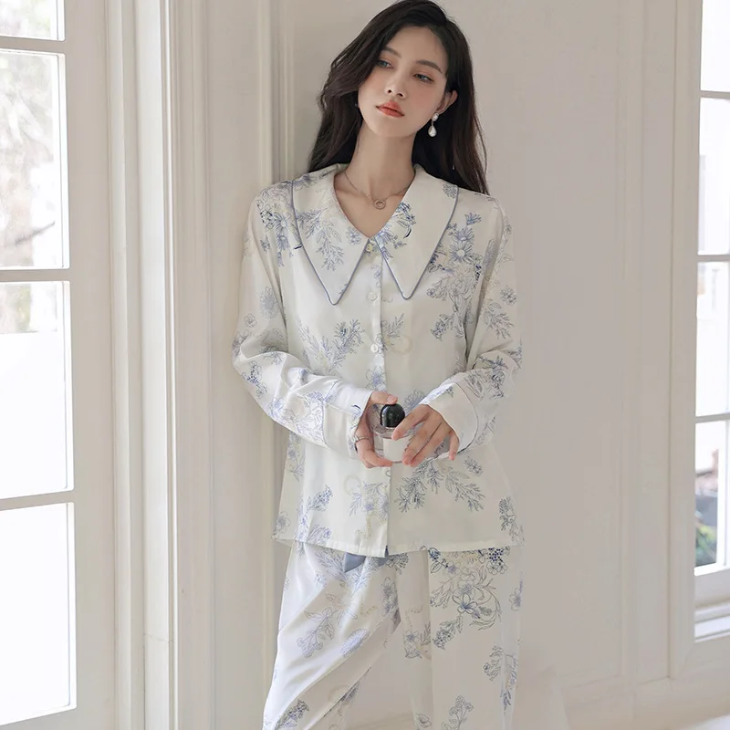 New Silk Satin Sleepwear Women Fresh Blue White Pajamas Set Spring Summer Home Clothes Long Sleeve Pant Suit Pyjama Femme