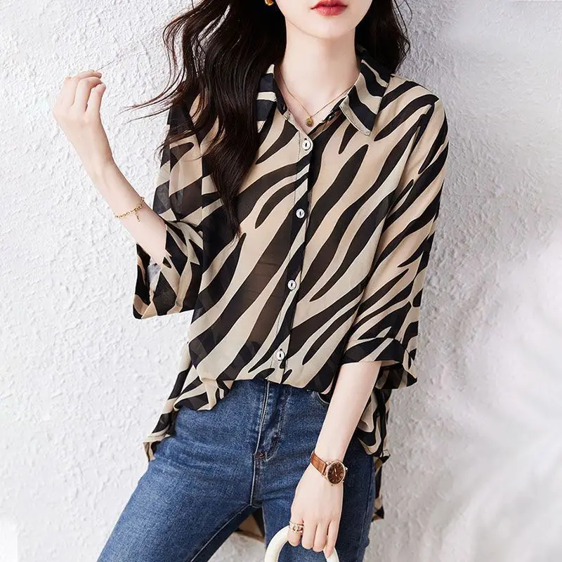 Women's Shirt and Blouse Long Loose Striped Summer Chiffon Female Tops Half Sleeve Button Up High Quality Youthful Elegant M New