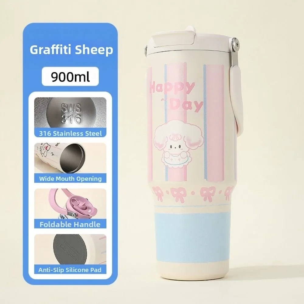 

900ML Straw Insulated Cup Stainless Steel Dust Cover Straw Cartoon Water Bottle Portable Handle Kawaii Straw Ton Cup Outdoor