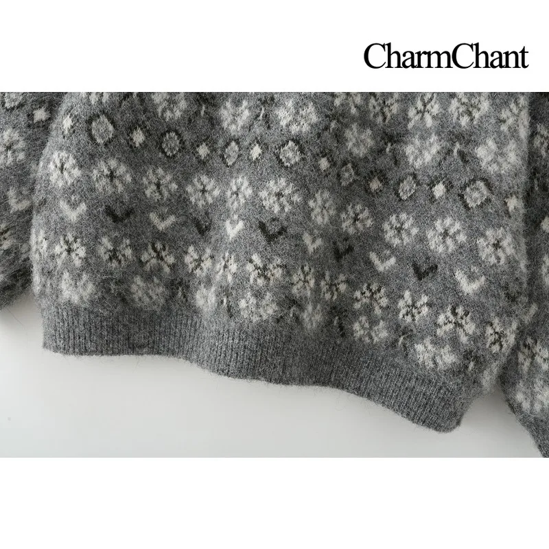 CharmChant グレー フェアアイル プリント クルーネック セーター 女性用 オーバーサイズ ダメージ加工 ニットウェア ジャンパー 長袖 トップス プルオーバー 女性用