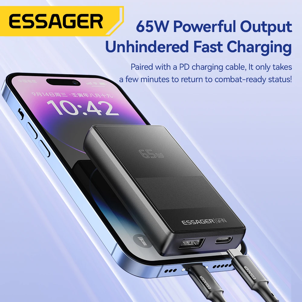 Essager 65W GaN Charger Ultra Thin Quick Charge 4.0 PD3.0 PPS Portable USB Type C Charger For Macbook Laptop iPhone 16 15 14 13