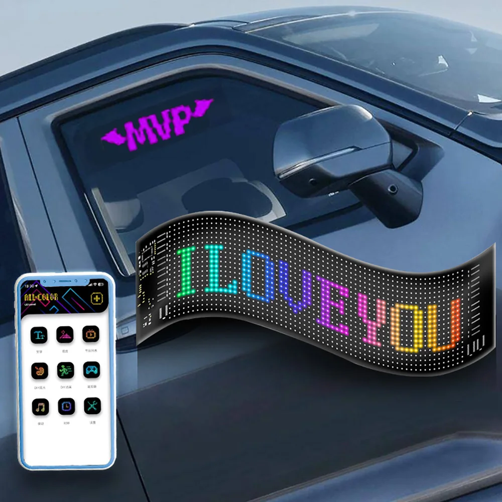 

Car LED Sign DIY Programmable Scrolling LED Display 13"x4" USB 5V Matrix Panel, Bluetooth App Control, Custom Text & Animation