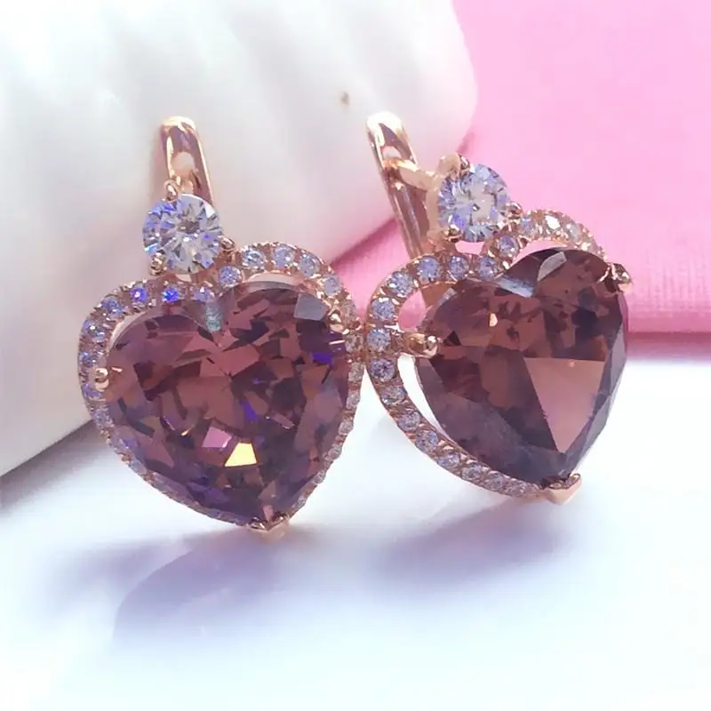 

585 purple gold plated 14k rose gold ruby heart crystal earrings for women exquisite luxury palace style wedding jewelry gift