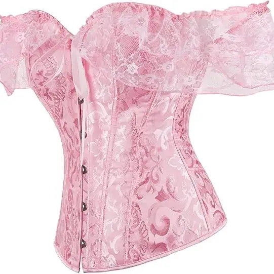 Women's Retro Lace Overbust Corset Top Off Shoulder Bodice Front Hook & Eye Adjustable Lacing Polyester Fabric Party Shapewear