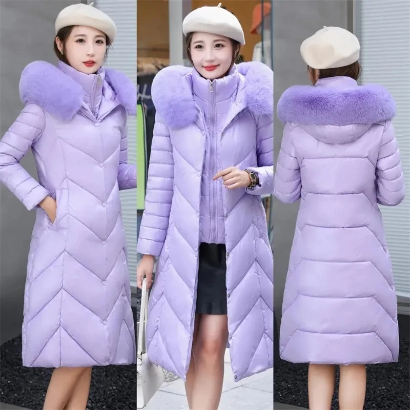 

2023 Winter New Grade Cotton-Padded Jacket Female Long Slim Fashion Down Coat Women Parkas Fur Collar Warm Outwear Parka Top