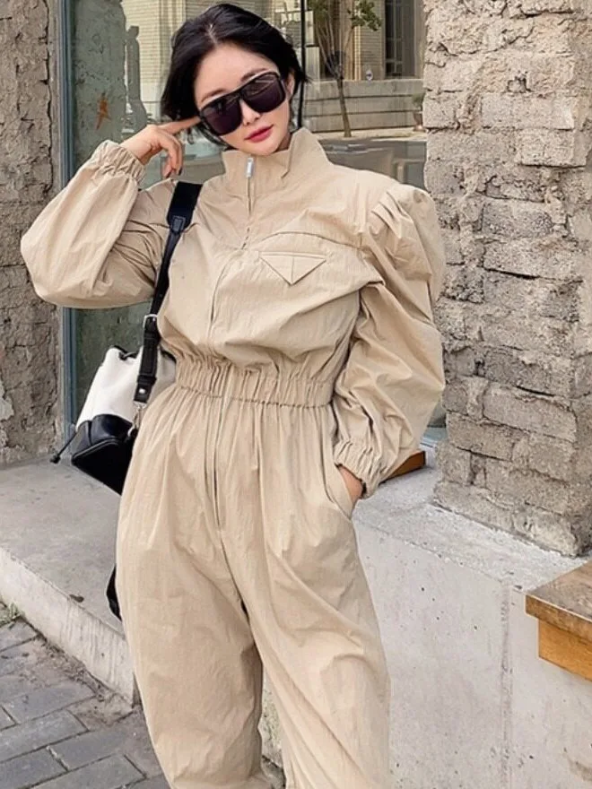 Fashionable High-Waist Utility Overalls Women's Bubble Sleeve Slimming Workwear Jumpsuit Korean Style Spring Autumn Winter