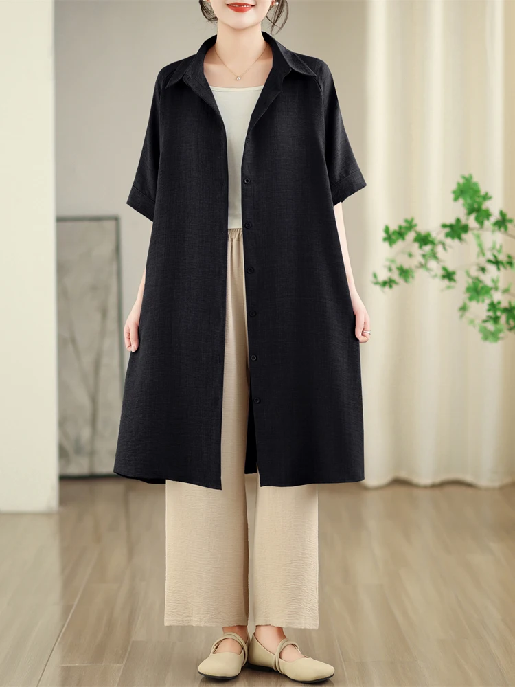 

Новинка Весна-Лето: Женское платье-рубашка миди с поясом, однотонное, из хлопка и льна, с коротким рукавом, повседневное, в художественном стиле