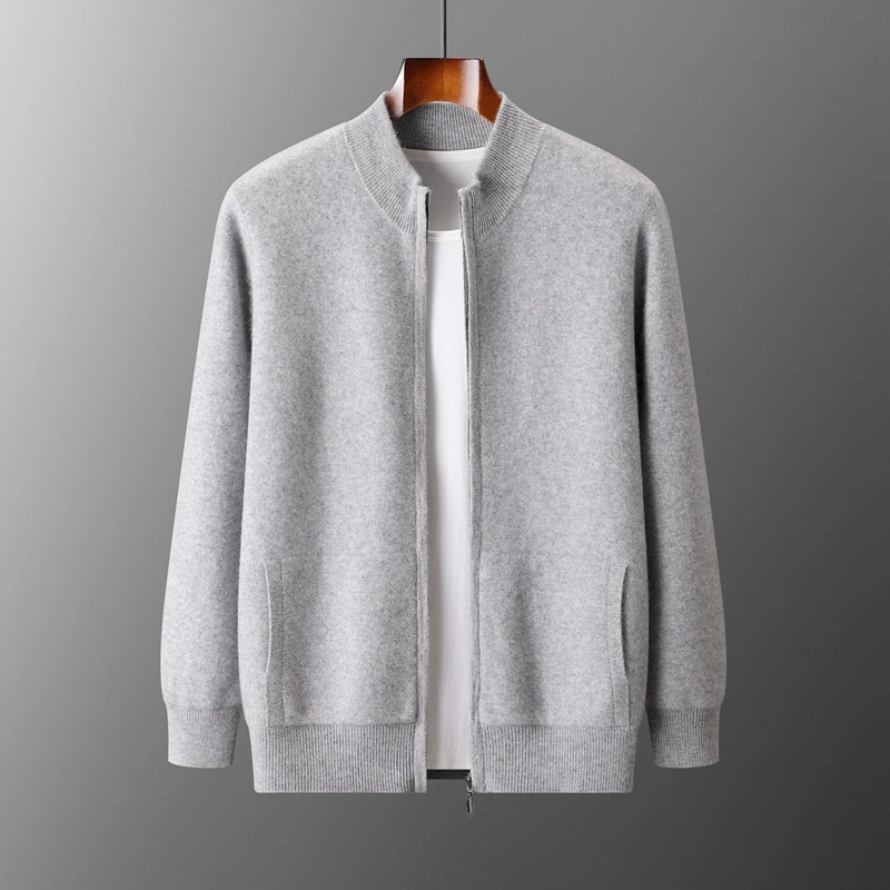 

Autumn Winter Thick Warm Men Zipper Cardigan Jacket 100% Merino Wool Sweater Casual Man Half High Collar Knit Business Sweater