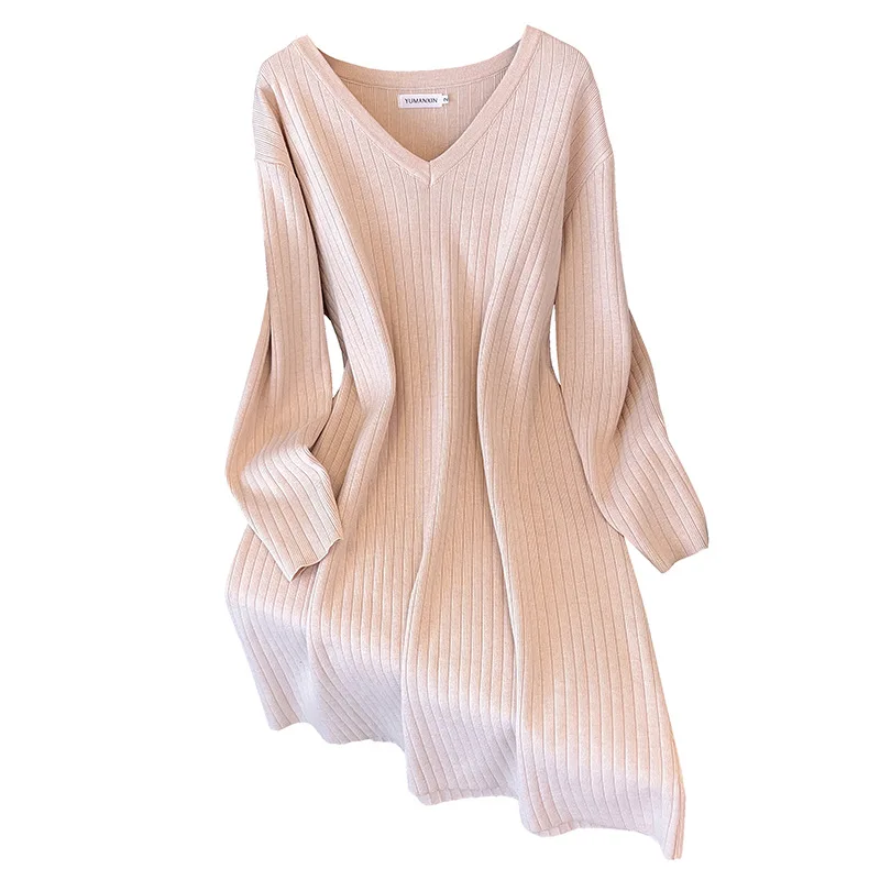 155Kg Plus Size Women\'s Bust 160 Spring Autumn New Loose Long V-Neck Sweater Dress Black Apricot 5XL 6XL 7XL 8XL 9XL 10XL