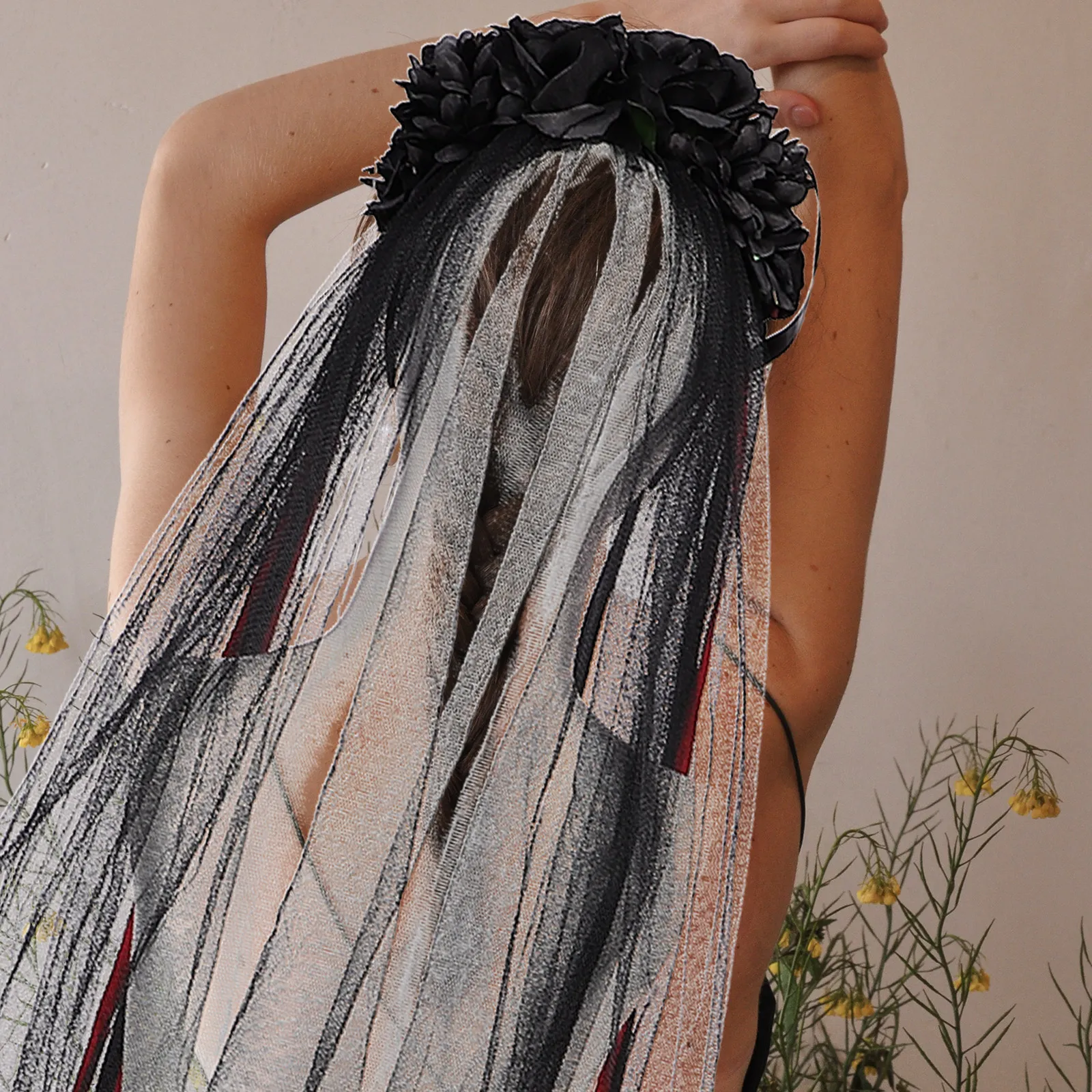 

Black Rose Flower Headband Veil Ribbon Lightweight Stylish Halloween Floral Headband for Women Party Hair Accessories