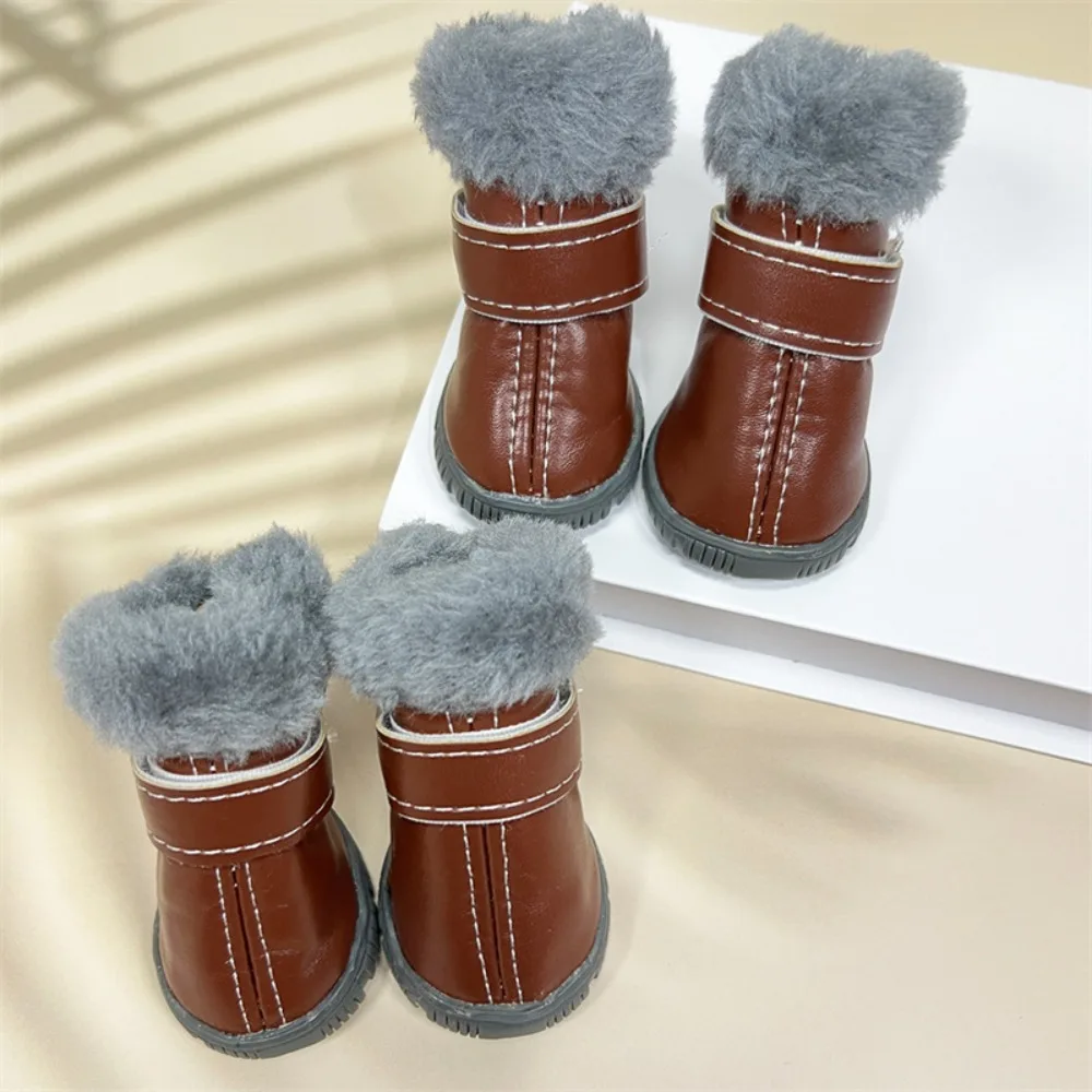 4PCS Winter Pet Dog Shoes Non Slip Anti-Freezing Dog Snow Boots Wear-resistant PU Leather Waterproof Dog Boots Outdoor Use